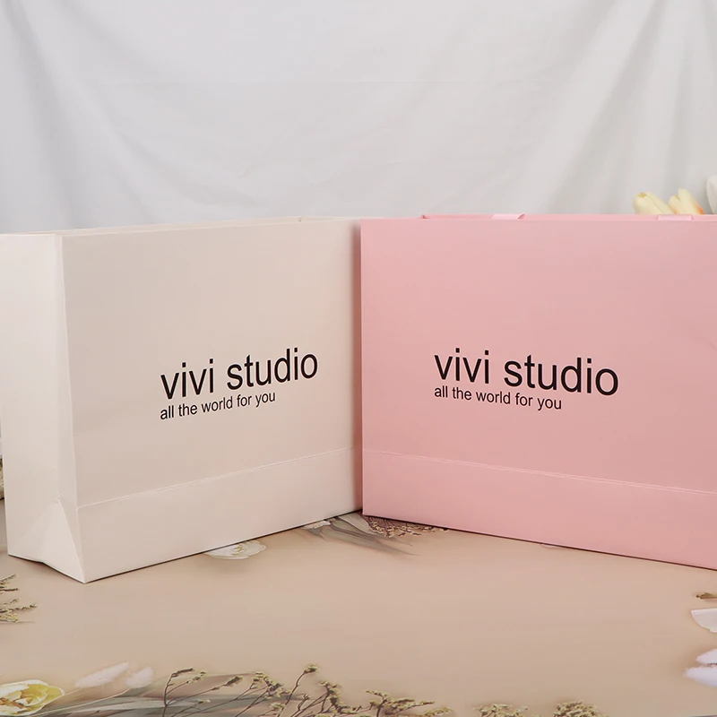 customized printed logo pink paper shopping gift packing bags paper ribbon handles flower boutique bag for clothing