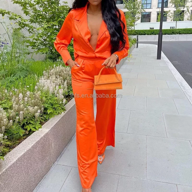 J&H new arrivals satin two piece pants set women long sleeve blazer suits and flared pants fall 2021 elegance outfits