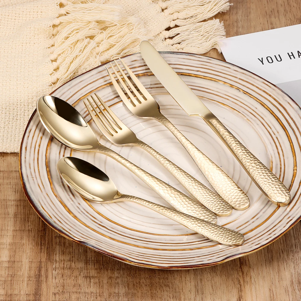 18/0 Thick Hammered Handle Stainless Steel Flatware Set Knife Fork Spoon Silverware Wedding Champagne Gold Cutlery Set