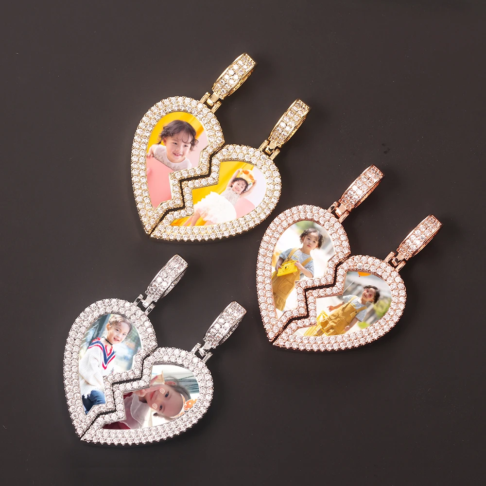 Bling Сердце индивидуальный кулон ожерелье ювелирные изделия разбитое сердце пары фото льдом любовные