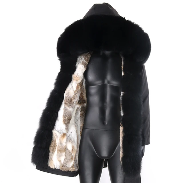 Men Winter Long Coat Real Fur Hooded Jacket Nature Rabbit Fur Lined Outwear Man Real Fur long Parka