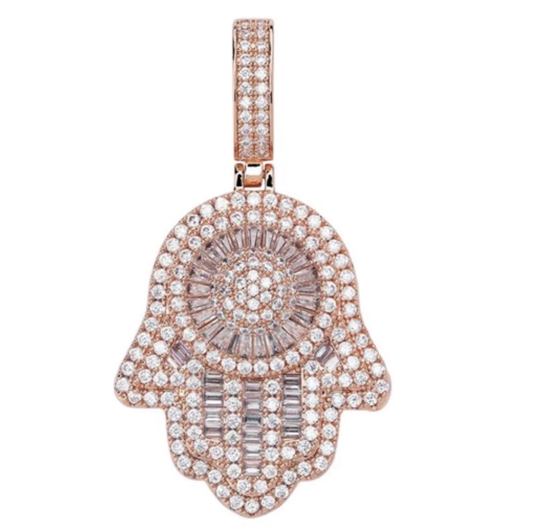 New design rose gold silver Custom Brass mico pave cz Fatima Hamsa Hand Pendant ice out luxury Hamsa Hand good luck necklace