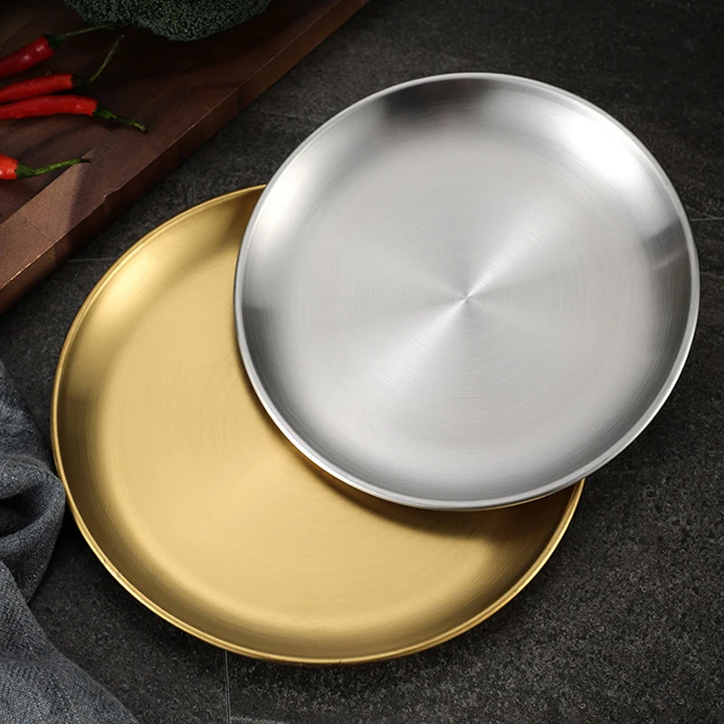 Custom Logo Korean Stainless Steel Barbecue Plate 14cm 17cm 20cm 30cm Round Tray Serving Dishes Plates