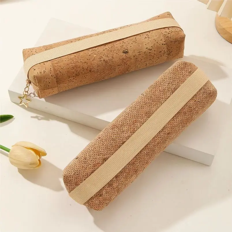 Factory Wholesale Vegan Leather Cork Multifunction Hand Pencil Case Office Stationery  Pen Bag Makeup Storage Bag With Zipper