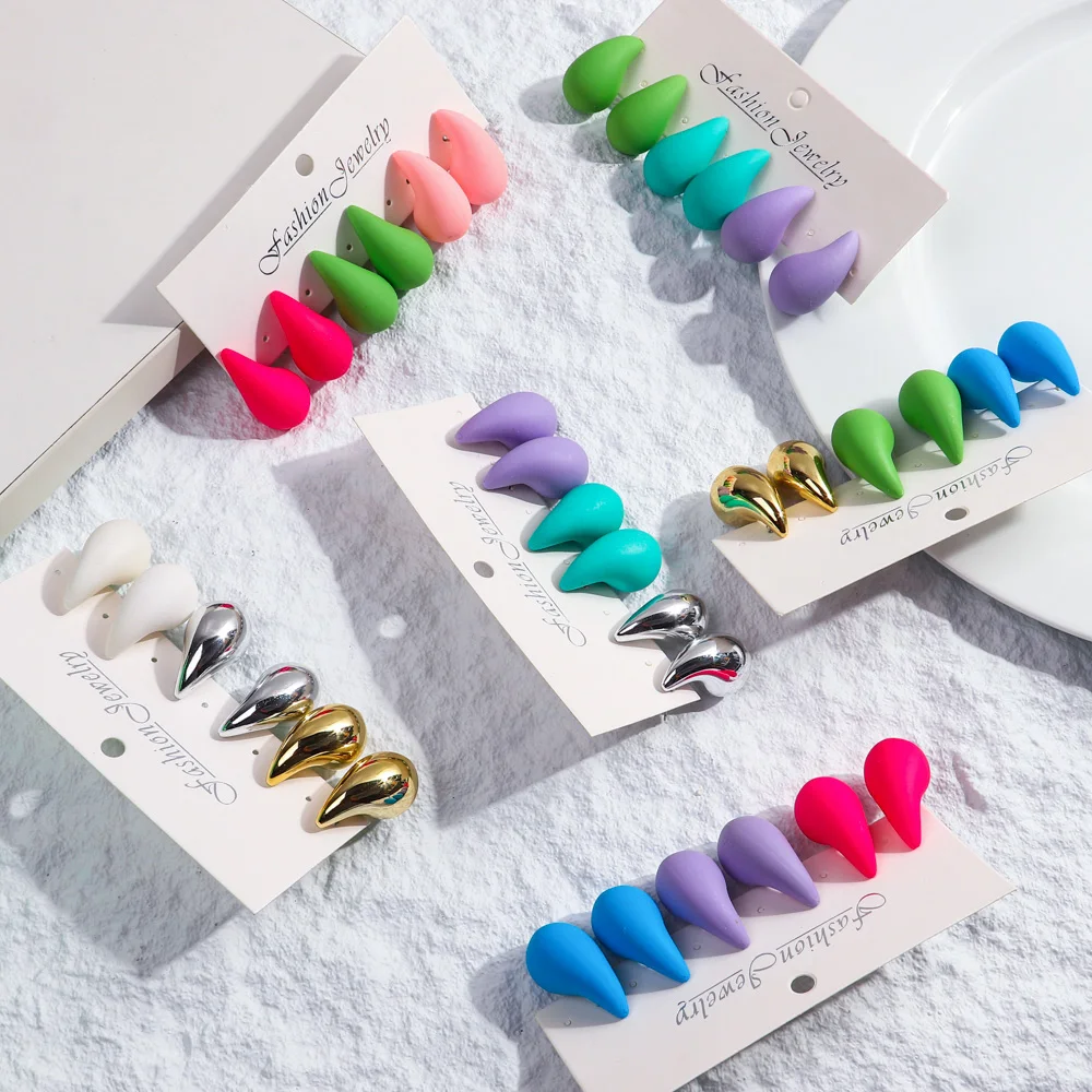 New Design Matte Candy Color Tear Drop Gold Silver Plated Statement Earrings 3 Pairs/Set Acrylic Stud Earrings For Women