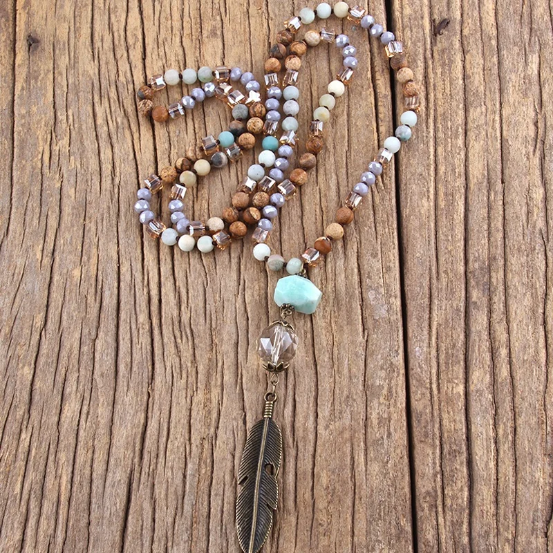 6mm Crystal Glass Natural Gemstone Beads Pic jasper Amazonite Leaf Pendant Necklace