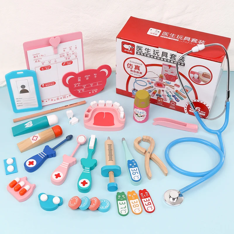 New style  Wooden toy doctor tools kids educational wooden toys dentist set wooden simulation dentist set for kids