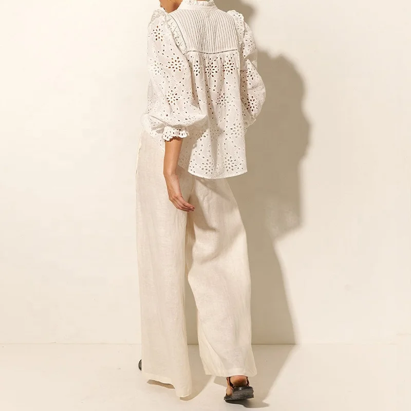 Custom Summer Long Sleeve Ladies Shirts Elegant Hollow out Tops And Blouses Women 100% Linen Fabric Button Up Casual Shirt