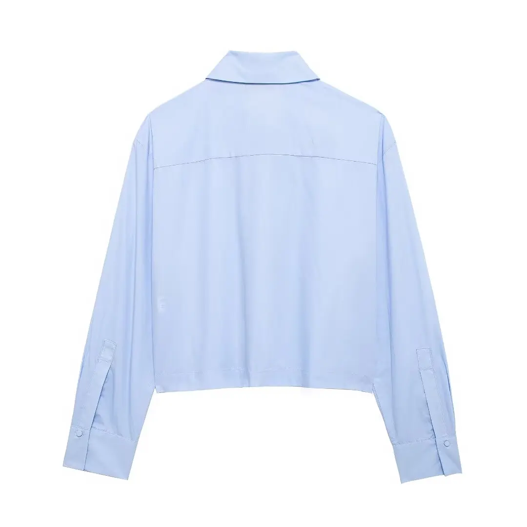 PB&ZA Women 2024 Autumn New Fashion Jewelry decorated poplin short Blouses Vintage Long Sleeve Female Shirts Blusas Chic Tops