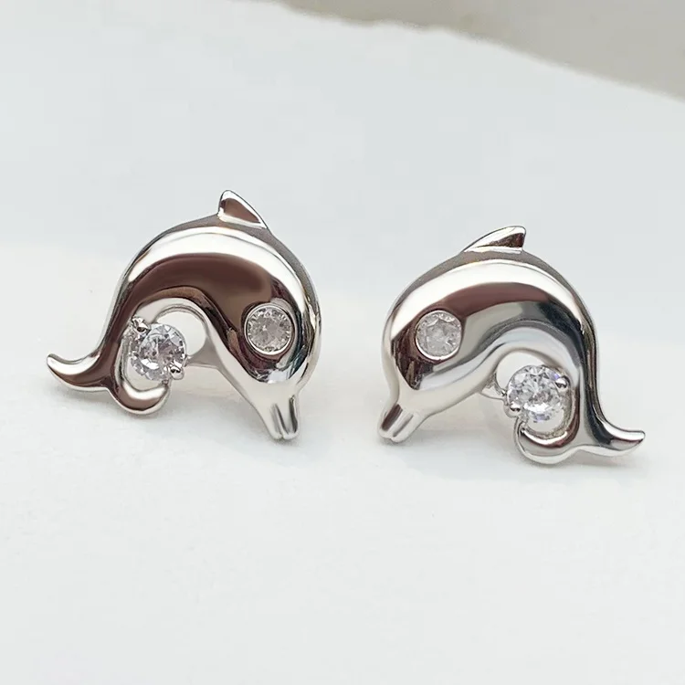 Simple Animal Design Dolphin Shape Stud Earrings S925 with Cubic Zircon White Gold Plated for Women