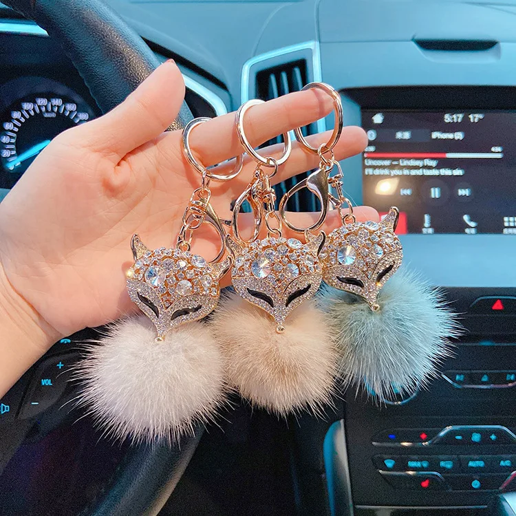 Rabbit Fur Fluffy Pom Pom Keychain Fashion crystal  metal Key chains Sparkly Rhinestone bag Backpack charms car Keychain
