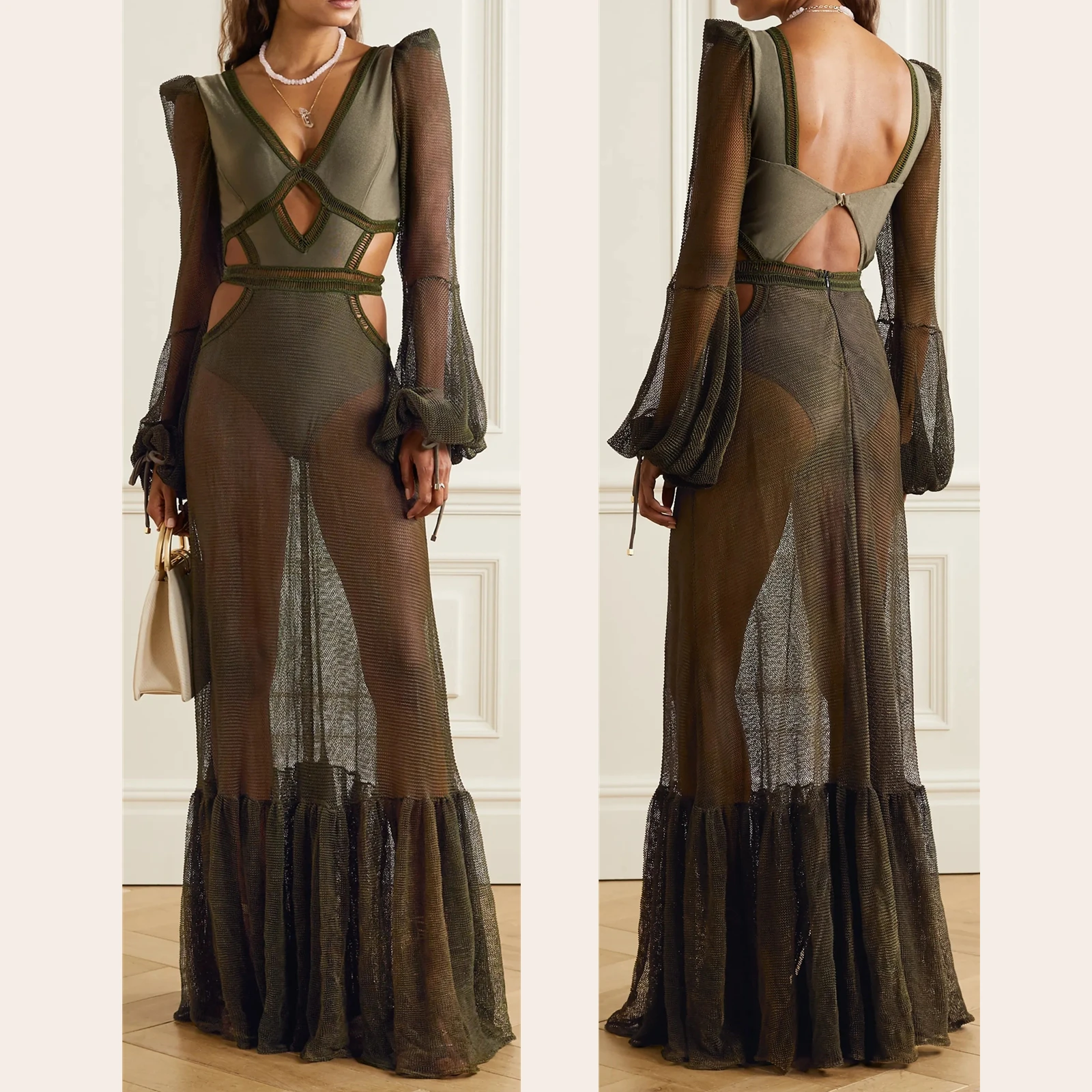 New Fashion Competitive Price Touch Feeling Stretch-jersey Lining Floor Sweeping Hem Supplier in China Mesh Maxi Dress