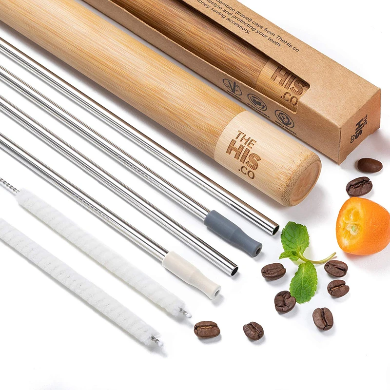 Набор многоразовых трубочек для напитков из нержавеющей стали | 4 металлические соломинки с хлопковыми чистящими щетками силиконовые наконечники бамбуковый Дорожный