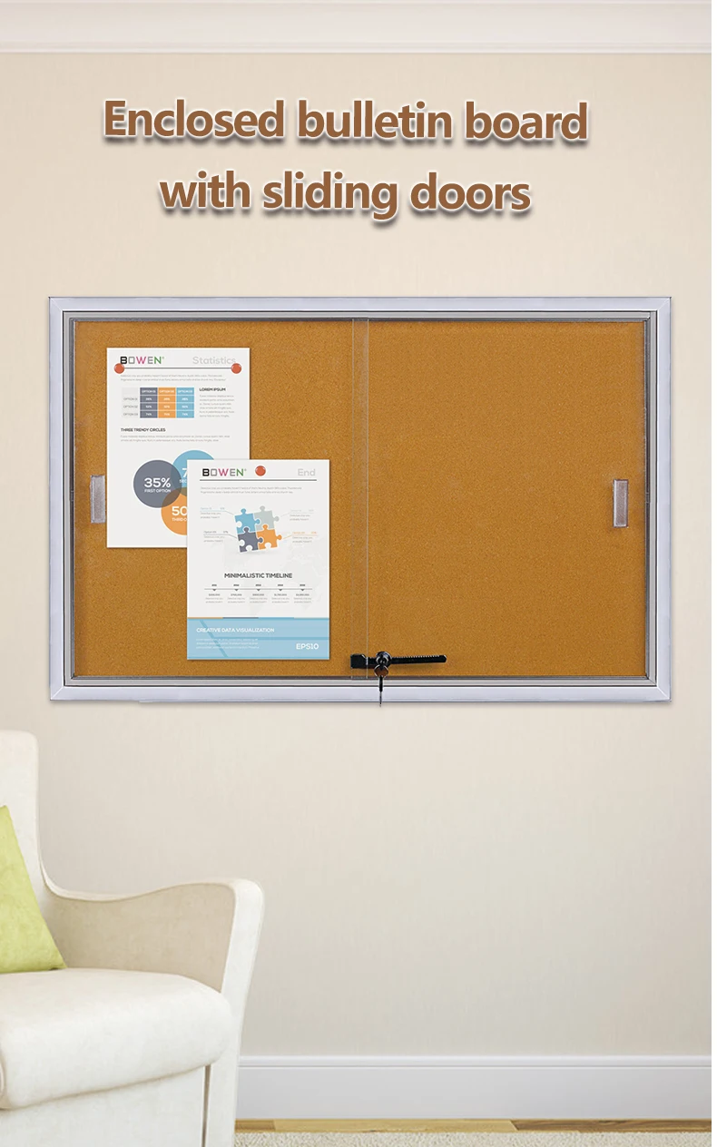 KBW Indoor Silent and durable double acting door design glass bulletin board With slide rail with aluminium frame