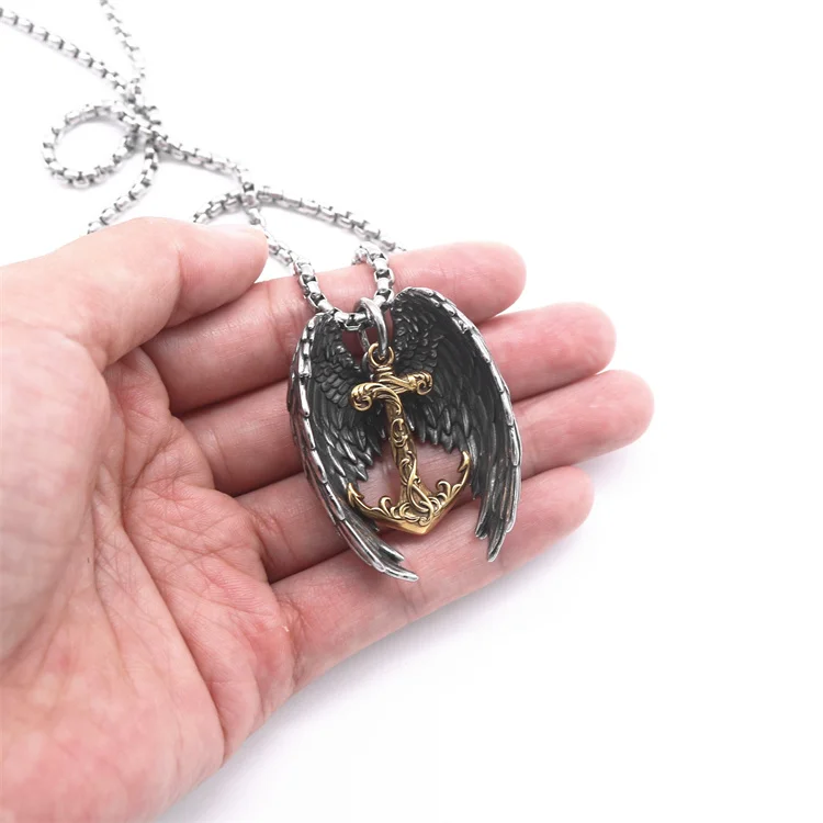 Wholesale tarnish free jewelry gold plated stainless steel wing anchor pendant necklaces