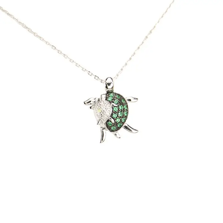 New Product Customization Classic Silver Necklace 925 Silver Green Crystal Turtle Pendant Necklace