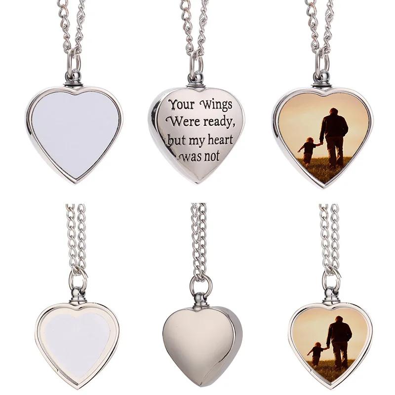 Unisex Heart-Shaped Cremation Urn Necklace with Sublimation Photos Memorial Ashes Keepsake Alloy Jewelry Link Chain Filling Tool