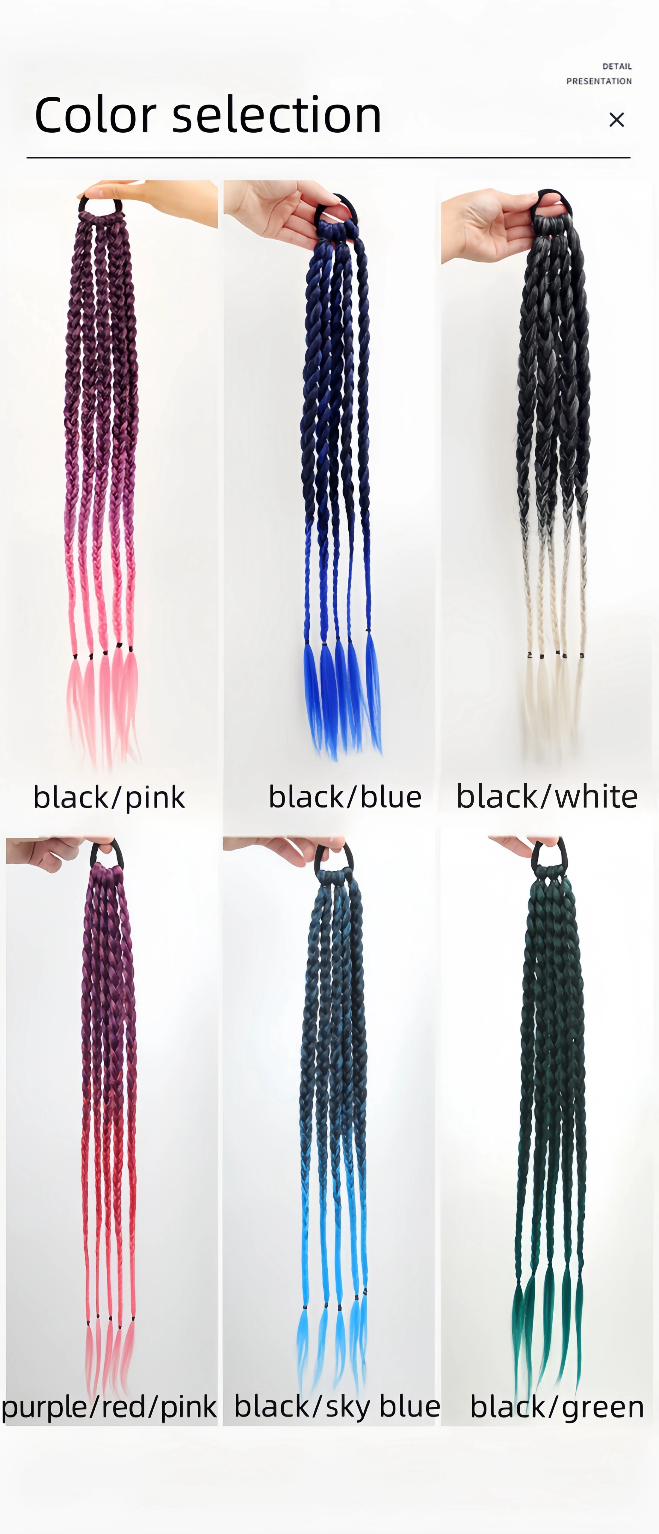 Wholesale Rainbow Braided Synthetic Hairpieces Colored Braids Hair Extensions with Rubber Bands Kids Ponytail Hair Accessories