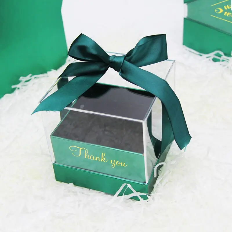 
Dark Green Wedding Candy Gift Box PVC Plastic Box with Ribbon Packaging Chocolate Foldable 