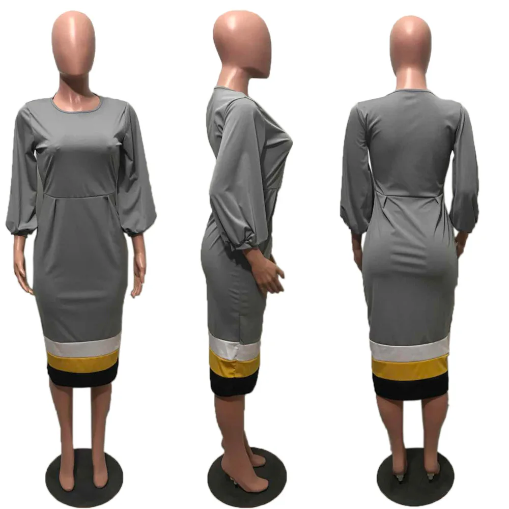 Летние популярные повседневные офисные Модные женские офисные платья с круглым вырезом и длинным рукавом