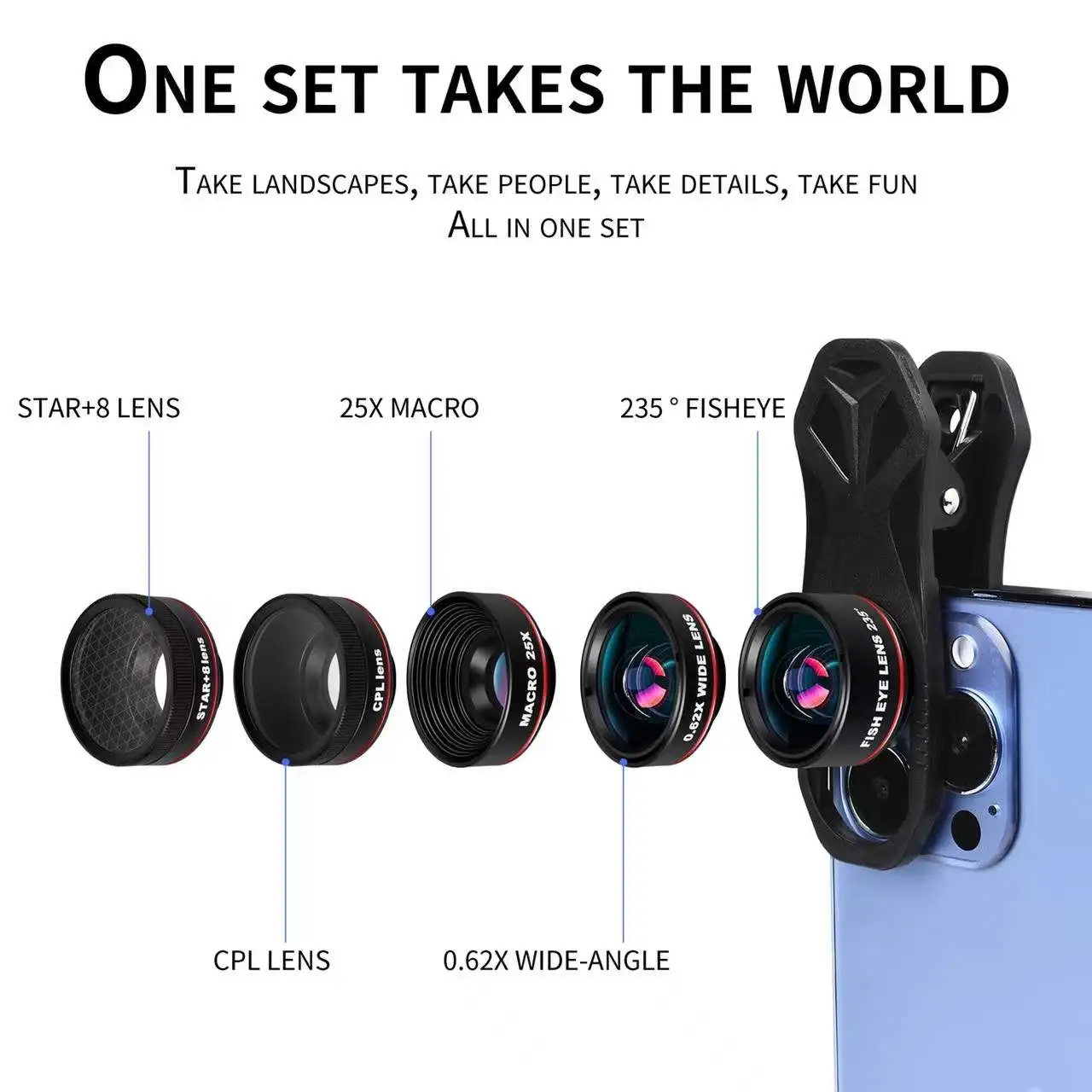 Pro Lens kit for iPhone and Android, macro and wide Angle lenses, with storage case and phone clip