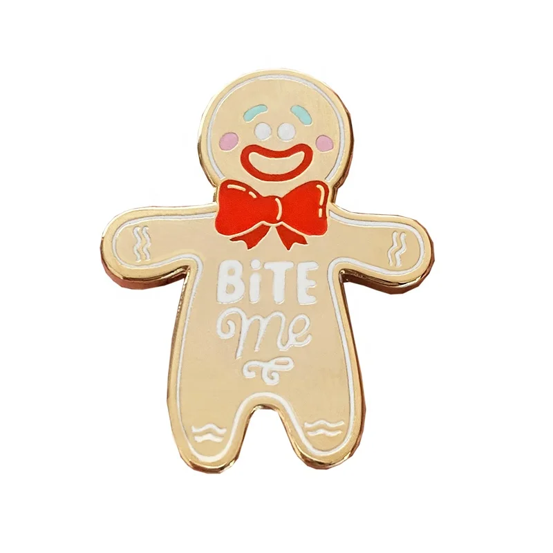Custom Cartoon Christmas Gold Cute Gingerbread Doll Lapel Pin Wholesale Manufacturer High Quality Hard Enamel Metal Craft Badge