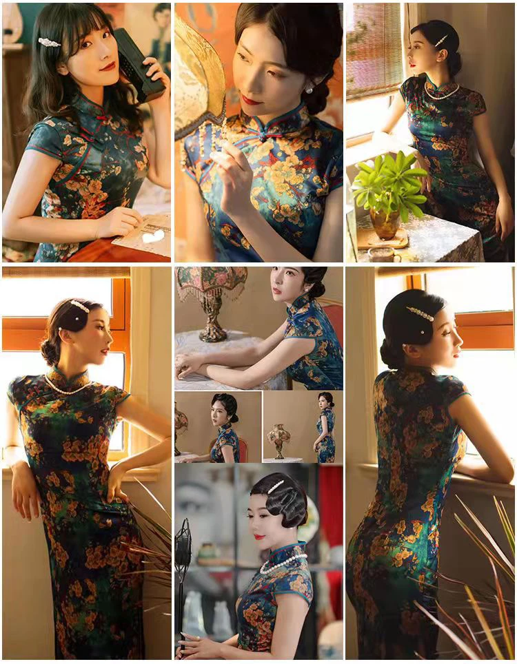 Women Sleeveless  Dress Chinese Style print Flower Cheongsam for lady party