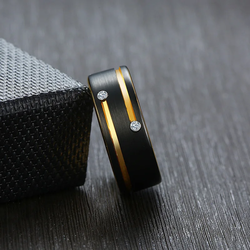 Black Gold Color 8mm Stainless Steel Rings  Men Simple Cubic Zirconia Double Groove Rings Wedding B Male Alliance Jewelry