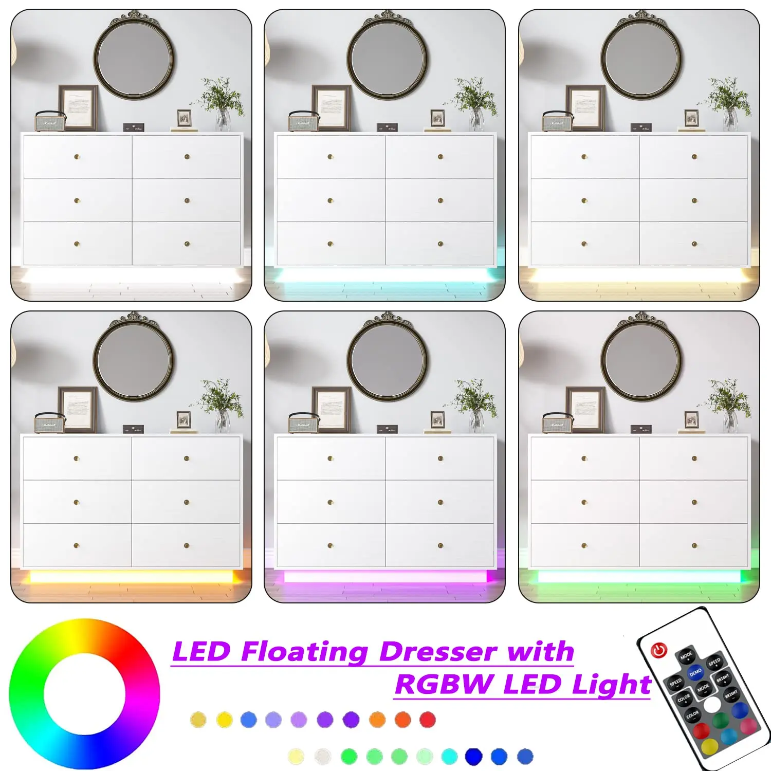 Wood Led Light Dresser Organizer Table Set Modern 6 Drawers Dresser Chest of Drawers Dressers Bedroom Furniture White