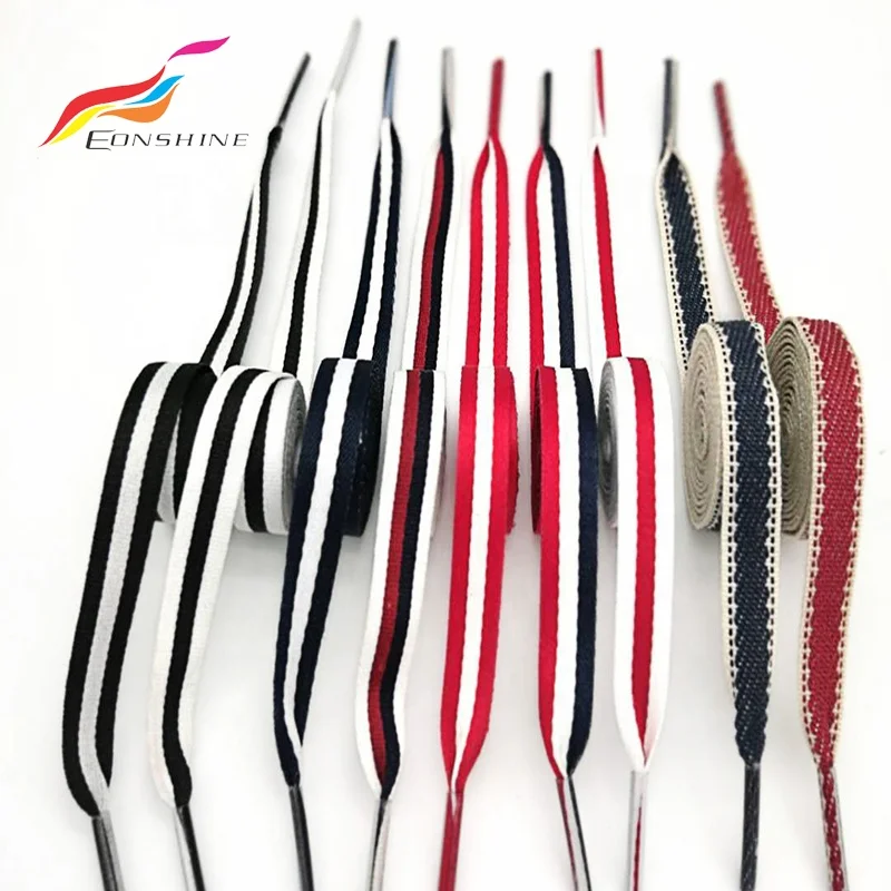 Flat Polyester 3 Color Braided Red White Blue Stripe Shoelaces for Canvas Shoe Laces