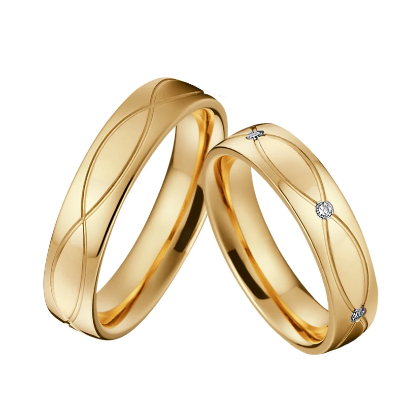 Golden Factory stainless steel ring wedding band bridal promise proposal 24k gold plated couple ring set for men and women