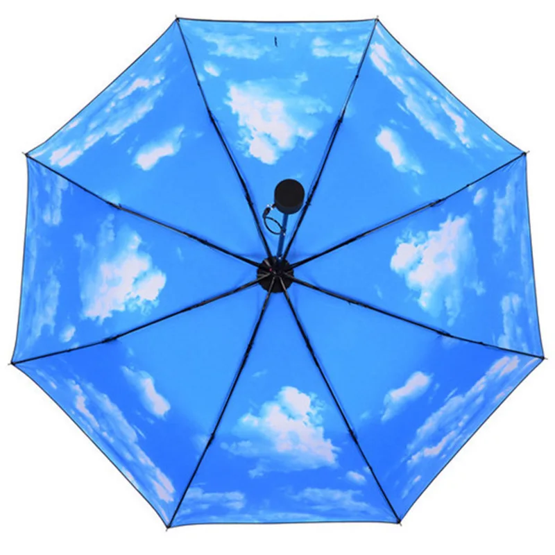 Hot seller 3 foldable Full Automatic 190T Pongee Black Coating Outside and Blue Sky Inside Sunny Umbrella with Custom Logo