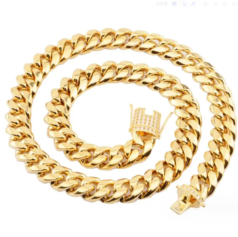 PVD 6-18mm Custom size best seller chain Jewelry Cuban Chain Necklace Iced Cuban Link Necklace 18k Gold Stainless Steel chain