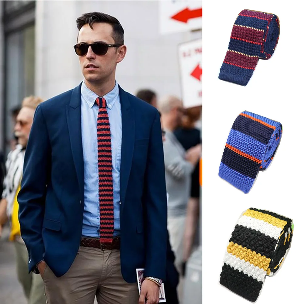Mens Striped Knit Tie  Skinny Knitted Necktie Narrow 5.5cm Dot Gravatas Classical Ties Knitting Tape Yarn Designers