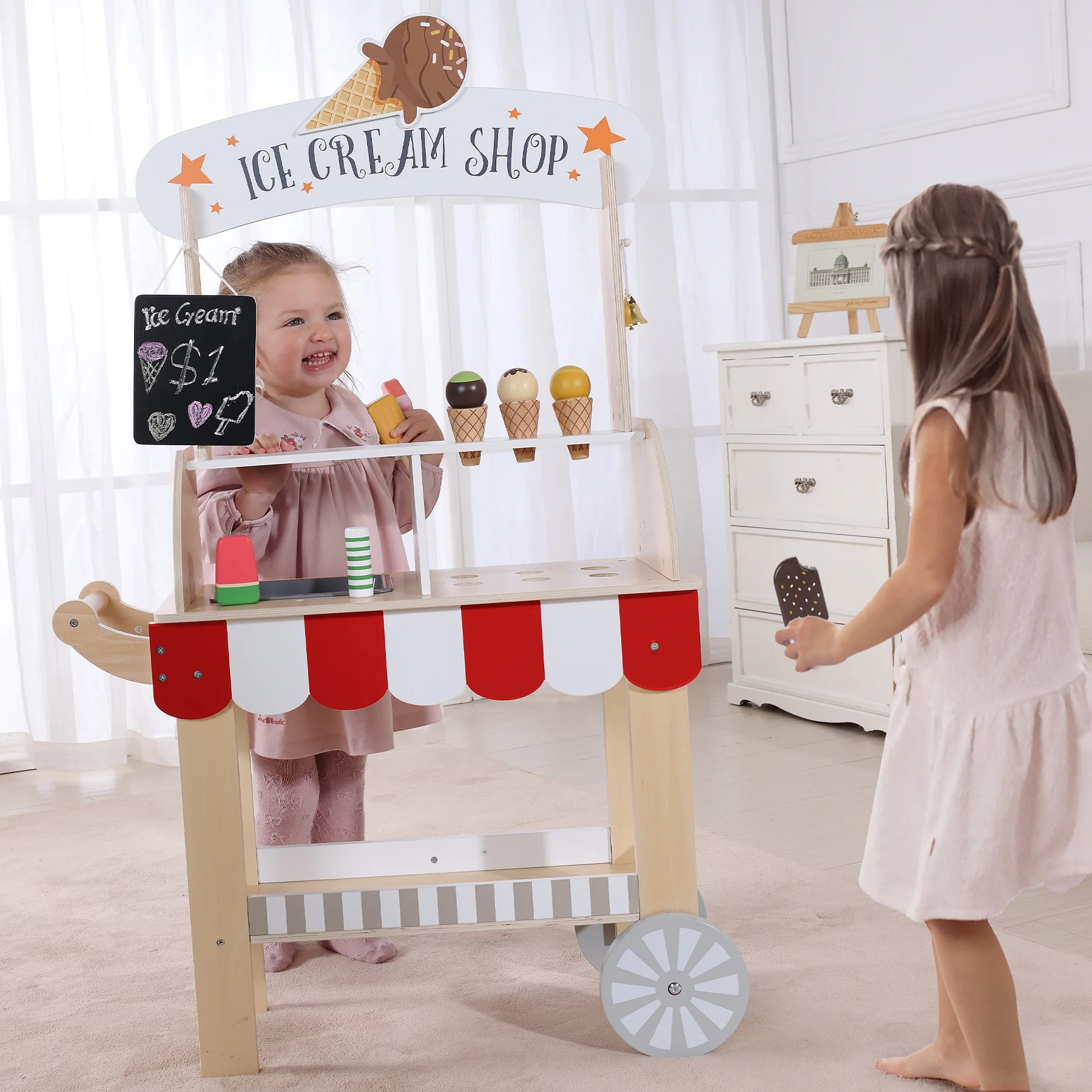 Hot Sale Customer Satisfied Wooden Ice Cream Sales Stand Ice Cream Cart Toy Wooden Ice Cream Dessert Stand For Kids