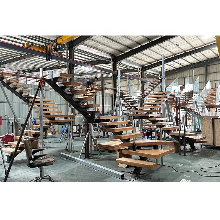 Factory Direct Second Floor Metal Railing Mono Stringer Staircase Handrail Solid Wood Tread Step Lights Indoor Stair