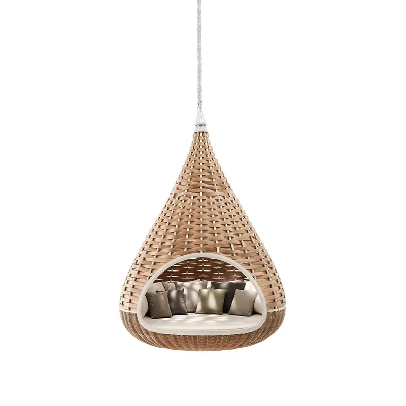 Outdoor Big Round Hanging Rattan Daybed with A Gigantic Bird Nest and Waterproof Fabric Seat