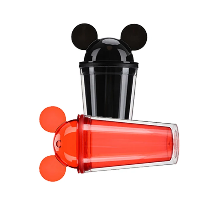 2021 Promotion Reusable Food grade cats ear dome lid double wall Acrylic Transparent cute Minnie Mickey mouse bottle with straw