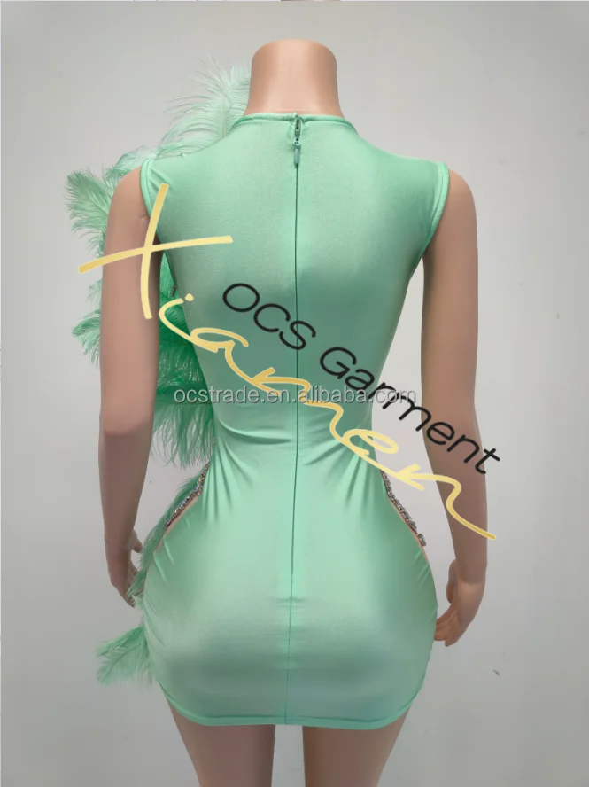 Ocstrade Summer Rhinestone Long Ostrich Feather Bridesmaid Dresses Mint Green Glitter Club Party Dress Performance Wear Ballroom
