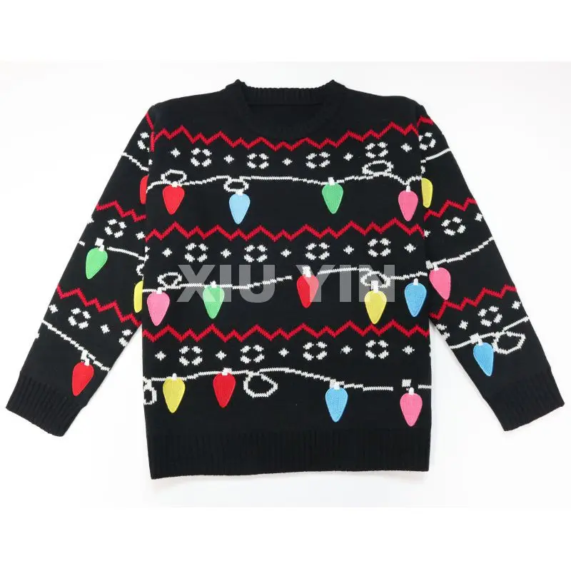 
Black Ugly Christmas knit sweater with embroidered lamp bulb Winter thick jacquard cardigan with buttons 