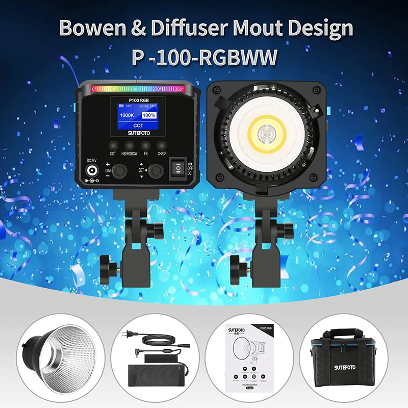 Sutefoto P100 RGB 2800K-10000K 100W LED Full Color Continuous Video Shooting Light for Photography Studio