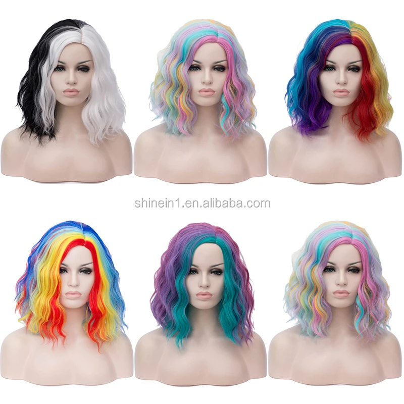 Hot Sale Bob Short Wavy Curly Wig Women Colorful Rainbow Wig For Halloween Cosplay Daily Party