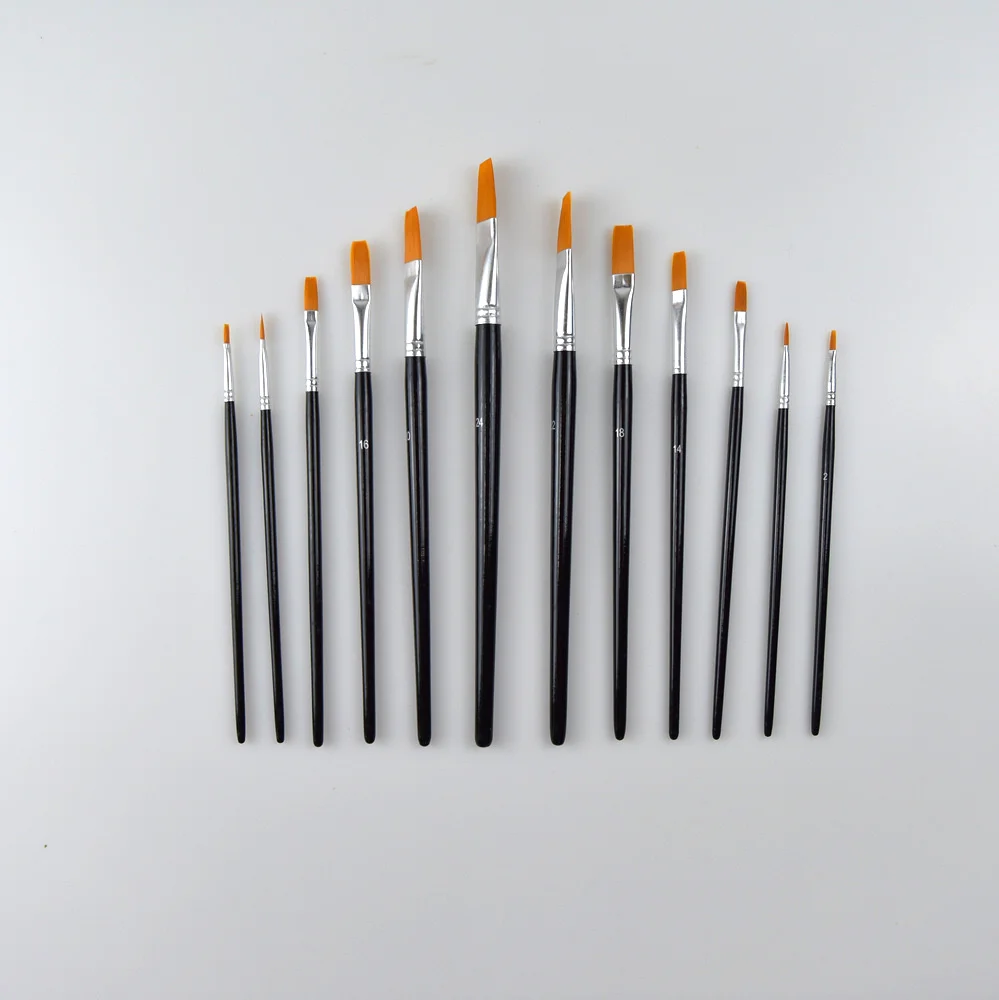 High Quality 12pcs Paint Brush Set Nylon Hair Wooden Handle Acrylic Watercolor Brush Oil Painting Artist Brush Set
