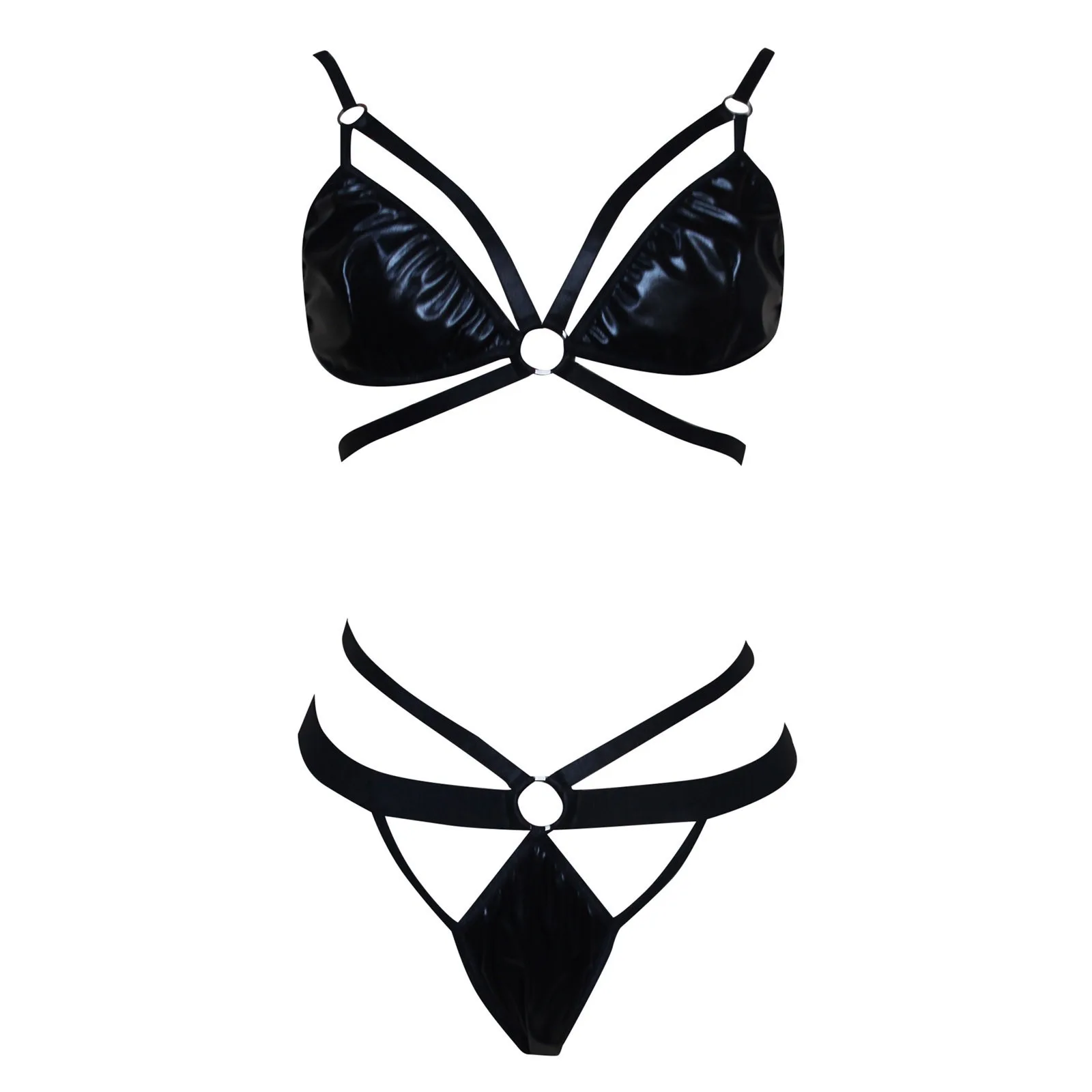 Leather Sexy New Arrived Sexy Three-point Patent Leather Split Sex Suit With Handcuffs Leather Underwear Women