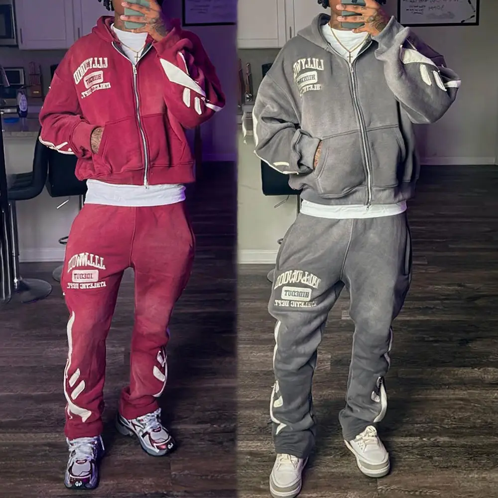 Streetwear Custom Acid Washed Vintage Tracksuit Men Streetwear Distressed Patchwork Hoodie And Sweatpants Set Sweatsuit