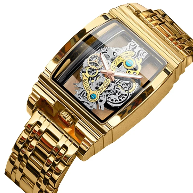 NEPIC J Luxury Transparent Design Wristwatches for Man Quartz Watches Stainless Steel Male Clock Square Luxury Men Gold 3670