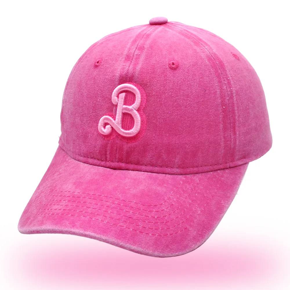 Wholesale Women 6 Panel Curved Brim Pink Denim Sports Hat Customize 3d Embroidery Logo Washed Cotton Baseball Cap