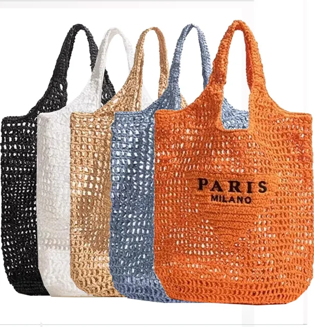 2023 Custom Logo Designer Brands Hollow Letters Raffia Straw Tote Fashion Paper Beach Handbag