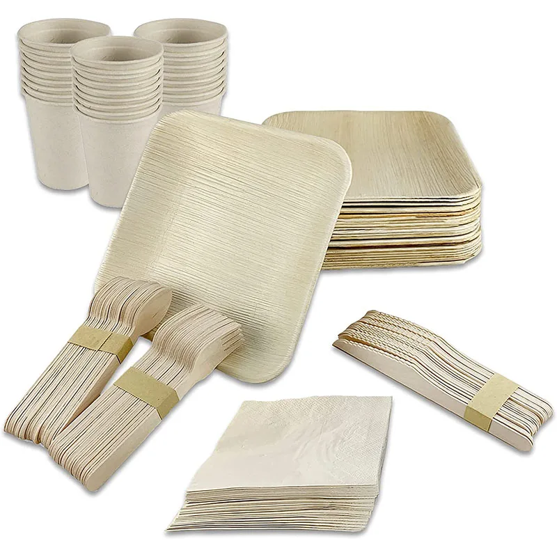 Wooden Plates for Food Palm Leaf Plates Biodegradable Leaf Plates Disposable Areca Palm Tableware Party Wooden Spoon and Fork