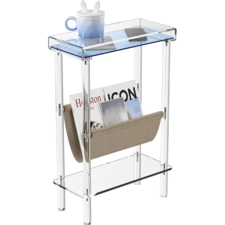 Acrylic Slim End Table with Magazine Holder Nightstand for Living Room Bedroom